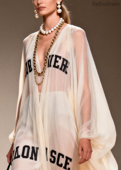 White Oversized Letter Print Chiffon Sheer Dresses Summer