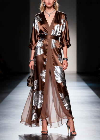 Fitted Chocolate Print Patchwork Silk Long Dress Summer