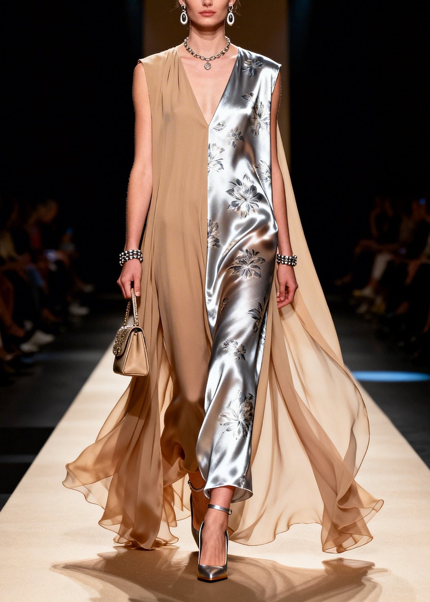 Khaki Asymmetrical Patchwork Chiffon Vacation Dress Sleeveless