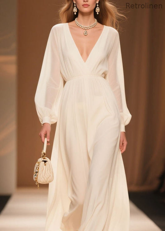White V Neck Patchwork Chiffon Dress Spring