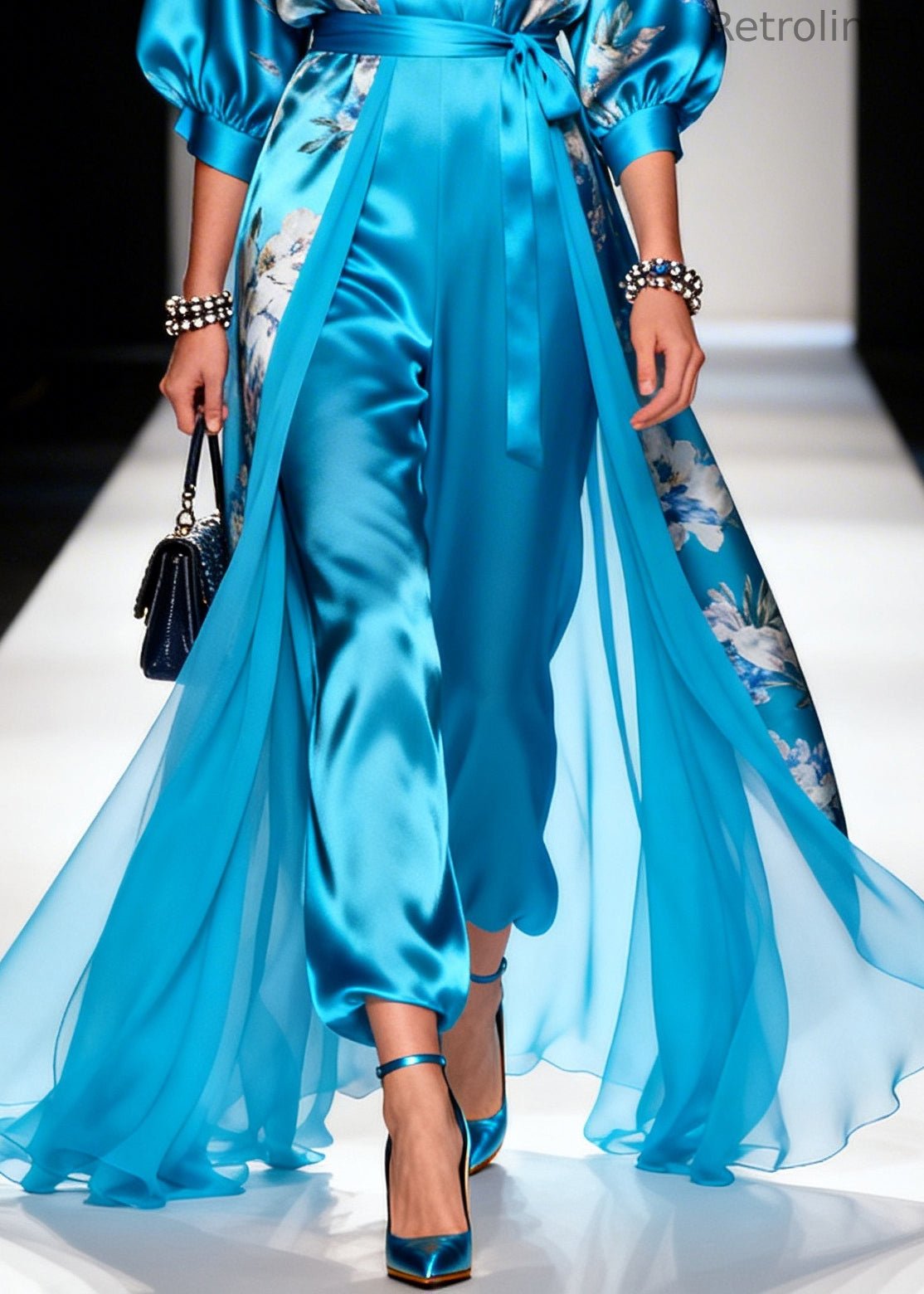 Blue Print Draping Silk Long Dresses Two Piece Set Summer