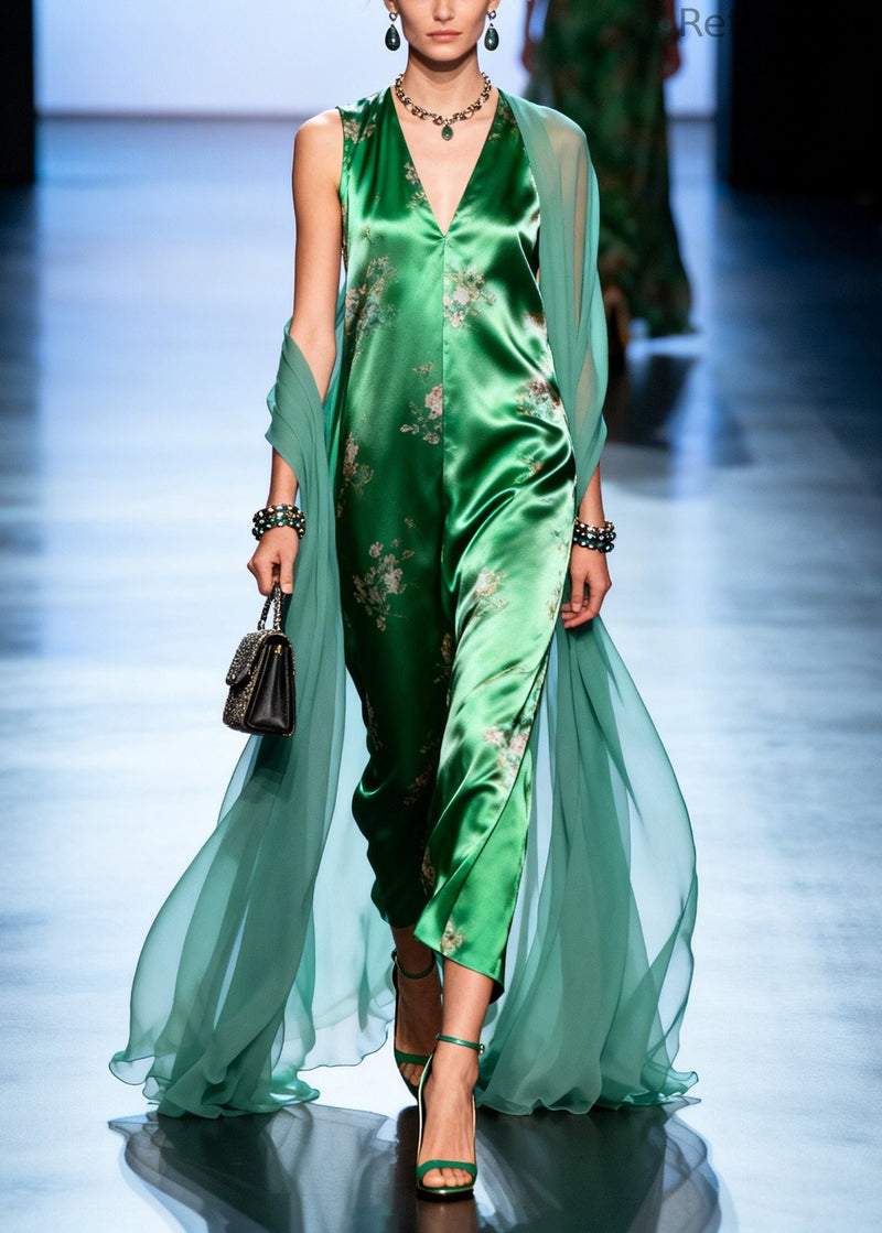 Green Print Patchwork Tulle Holiday Dress Summer