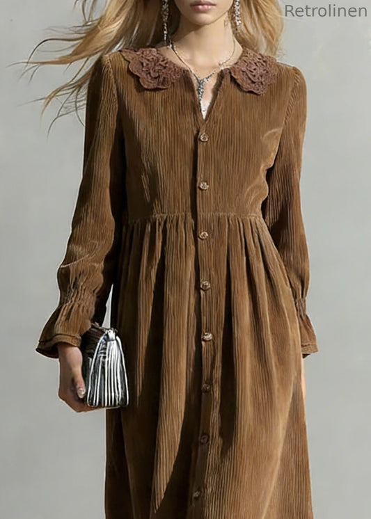 Coffee Button Oversized Corduroy Shirts Dress Peter Pan Collar