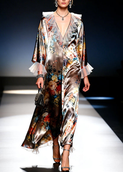 Modern V Neck Print Ruffled Patchwork Silk Dresses Spring