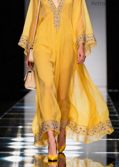 Fitted Yellow V Neck Zircon Chiffon Long Dress Spring