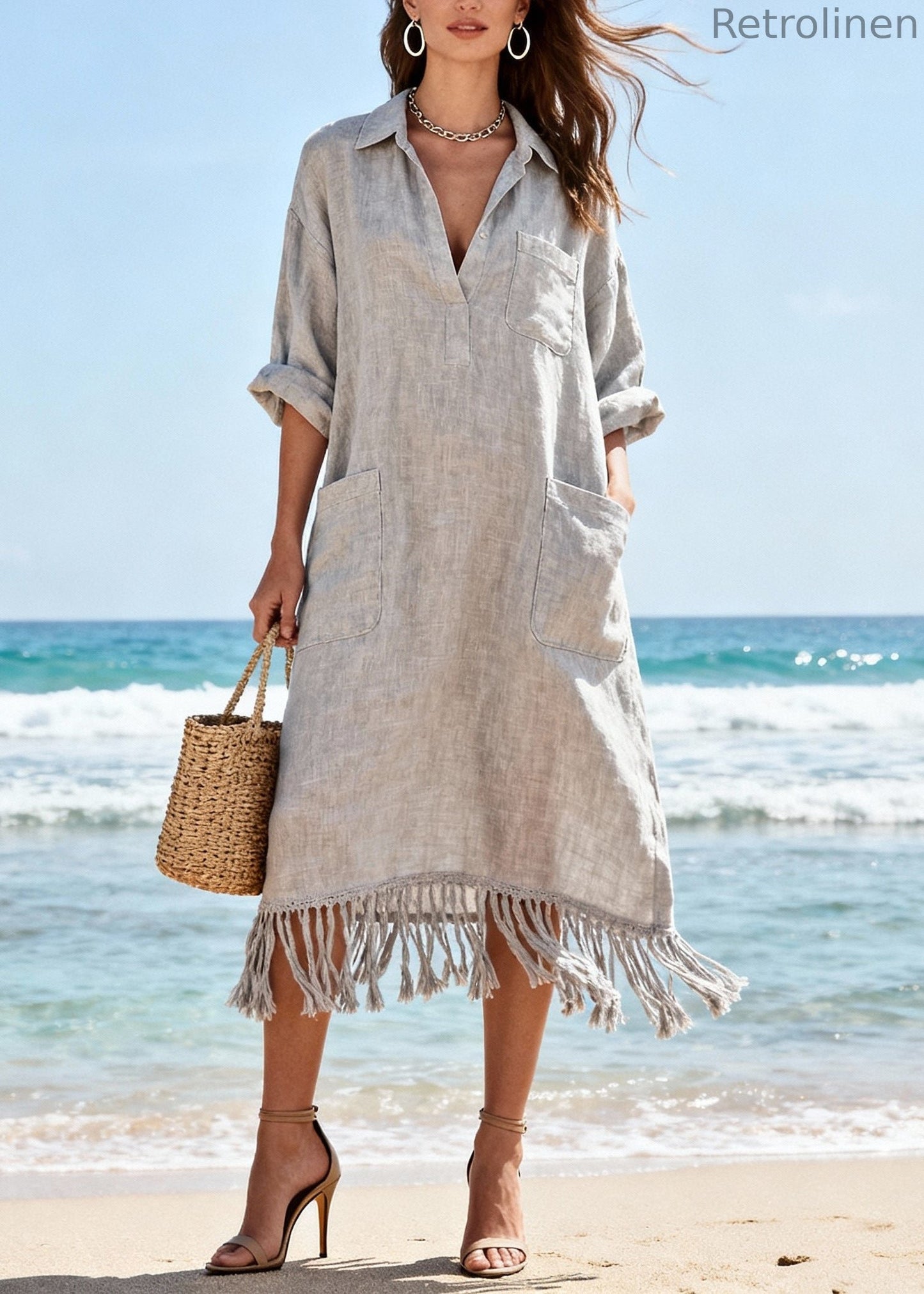 Organic Light Grey Tasseled Pockets Cotton Long Dress Spring
