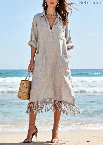 Organic Light Grey Tasseled Pockets Cotton Long Dress Spring
