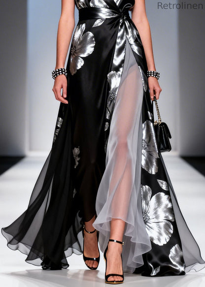 Modern Black V Neck Print Chiffon Maxi Dresses Summer