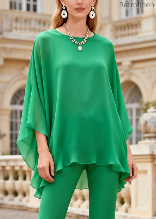 Bright Green Tops and Wrinkled Bell Bottom Trousers Two Piece Set O Neck Spring