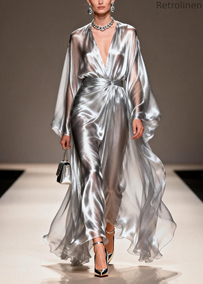 Style Silvery Exra Large Hem Draping Chiffon Ankle Dress Summer