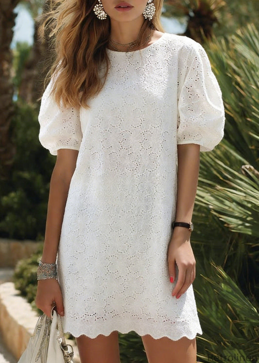 White O Neck Hollow Out Cotton Dress Puff Sleeve