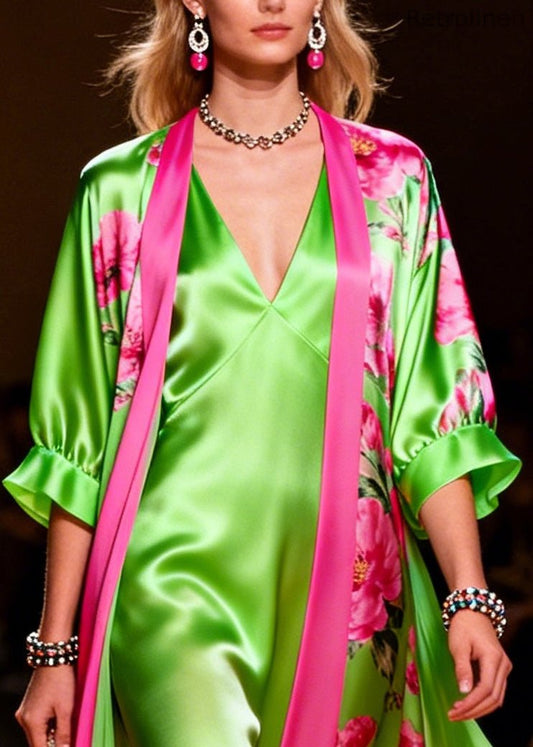 Modern Fluorescent Green Print Draping Silk Dress Two Pieces Set Summer