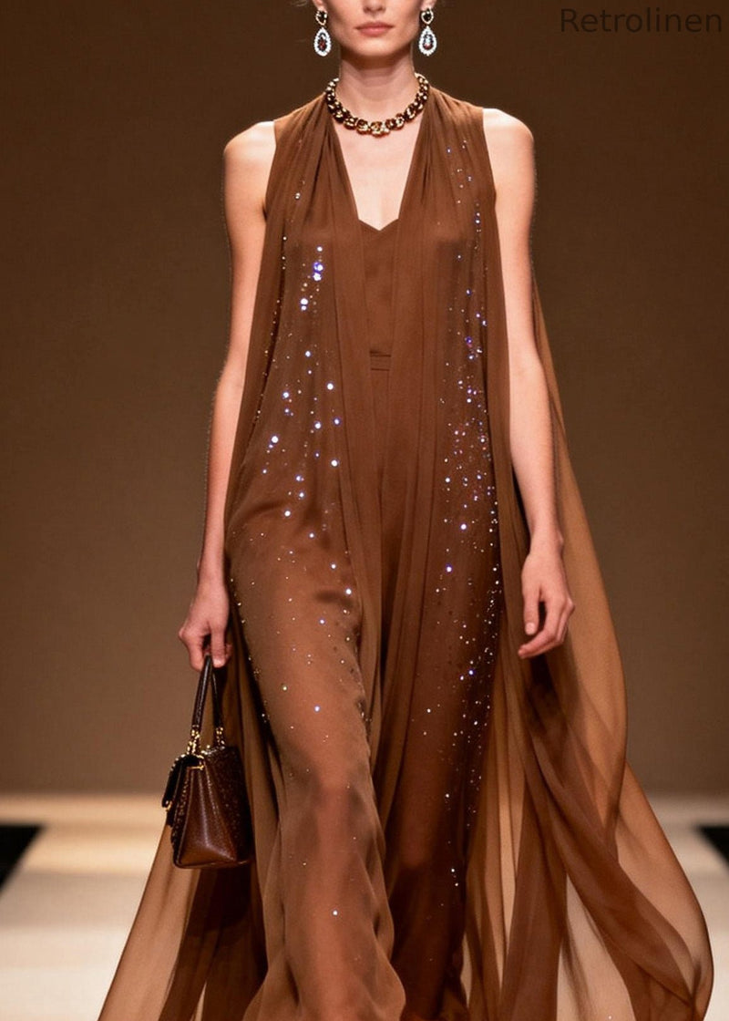 Classy Coffee V Neck Zircon Chiffon Robe Dresses Sleeveless
