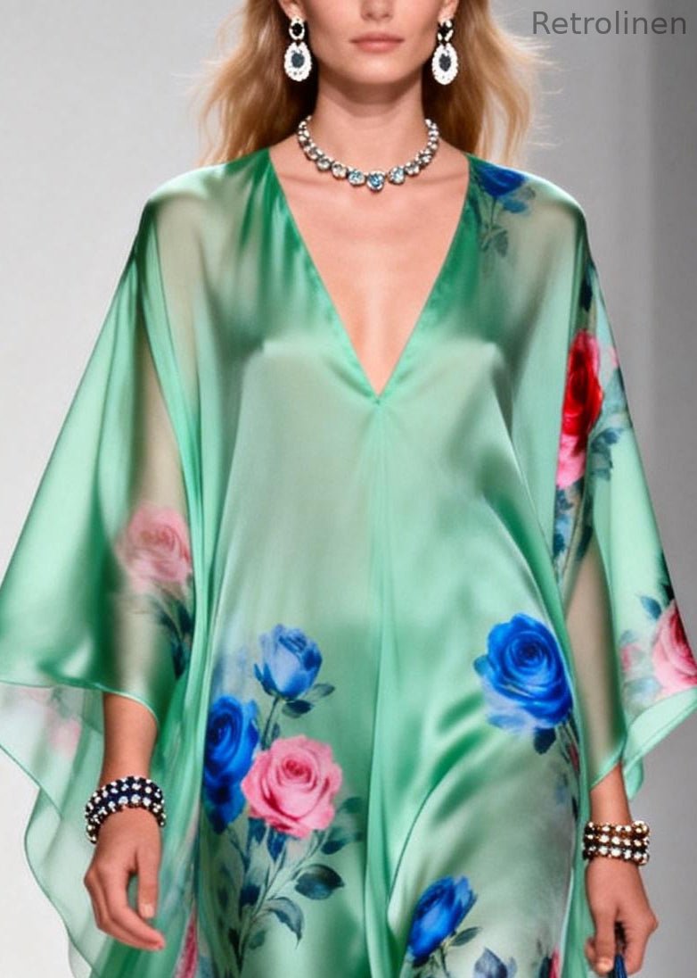Green Oversized Print Chiffon Beach Dress Summer