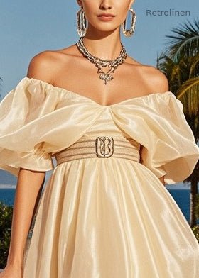Champagne Cold Shoulder Silk Strapless Dress Puff Sleeve