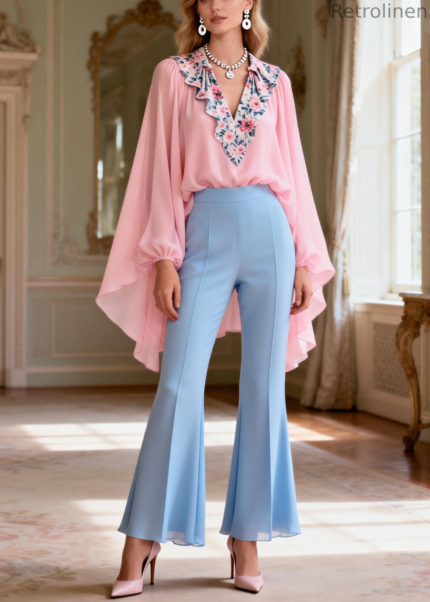 Italian Pink Print Patchwork Chiffon Top and Flared Trousers Two Pieces Set Lantern Sleeve