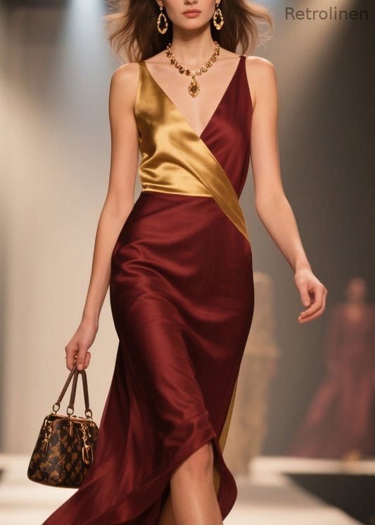 Boutique V Neck Patchwork Silk Spaghetti Strap Dress Summer