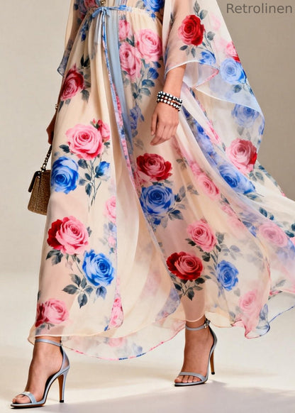 Apricot Tie Waist Print Chiffon Party Dress Summer