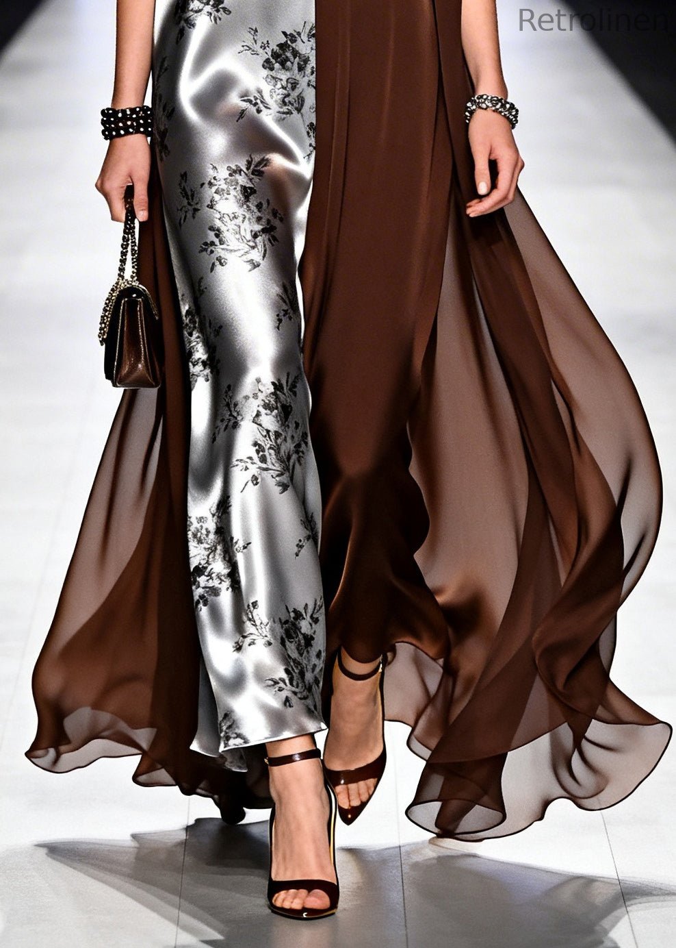 Chocolate Patchwork Chiffon Long Dress Asymmetrical Design Summer