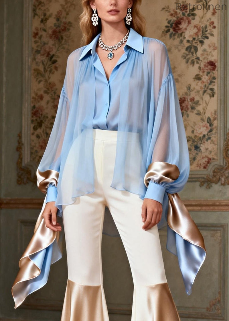 Italian Blue False Two Pieces Shirts and White Flared Trousers Silk Patchwork Two Pieces Set Spring