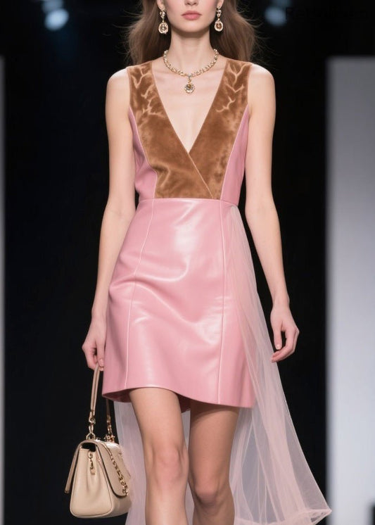 New V Neck Tulle Patchwork Faux Leather Mid Dresses Sleeveless