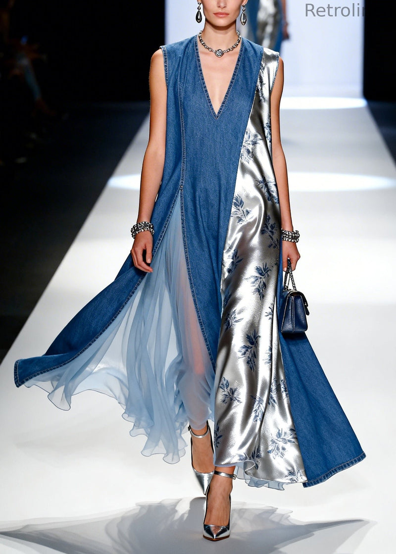 Blue Patchwork Denim Holiday Dress Asymmetrical Design Sleeveless