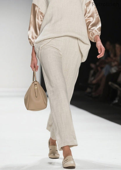 V Neck Patchwork Linen Silk Two Pieces Set Spring