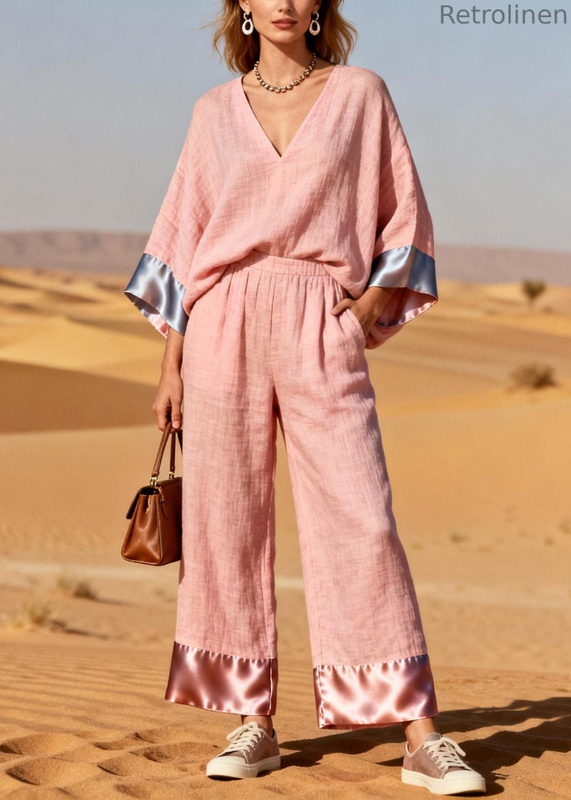 Pink Oversized Patchwork Linen Silk Two Pieces Set Spring