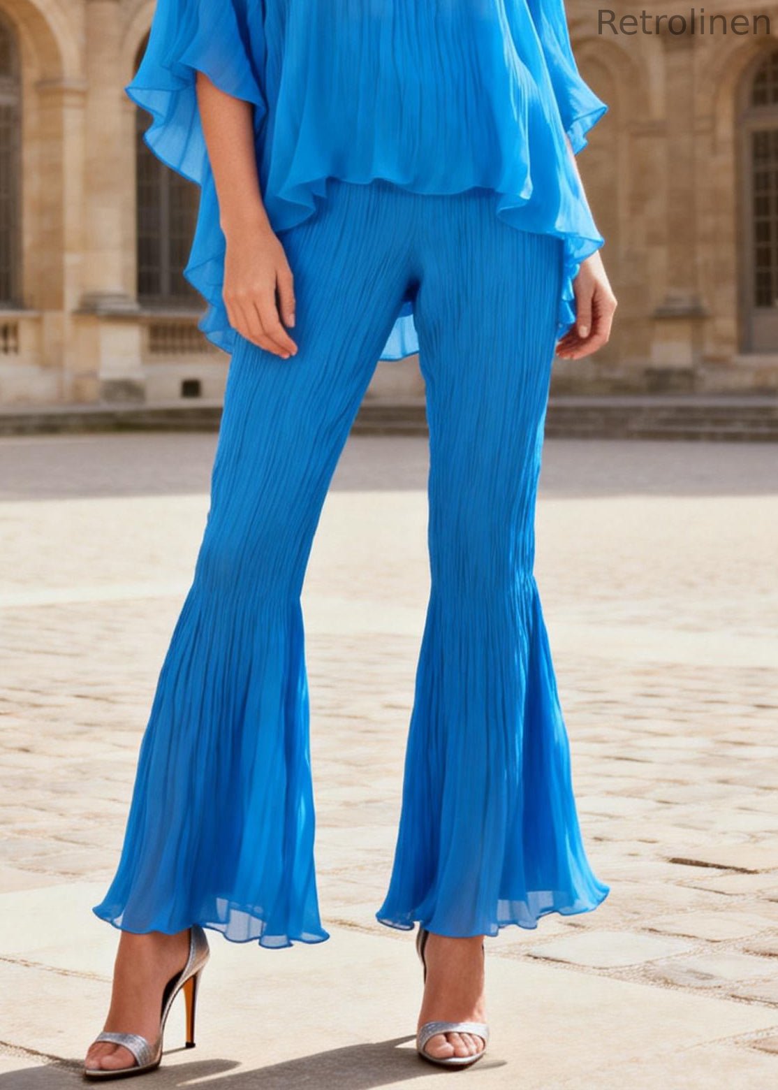 Blue Wrinkled Tops and Flared Trousers Two Piece Set O Neck Batwing Sleeve