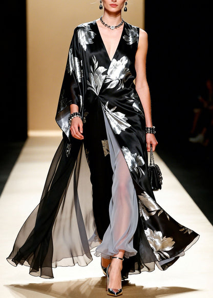 Black V Neck Asymmetrical Design Patchwork Chiffon Dress Summer