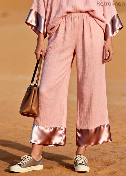 Pink V Neck Patchwork Cotton Two Piece Set Clothing Spring