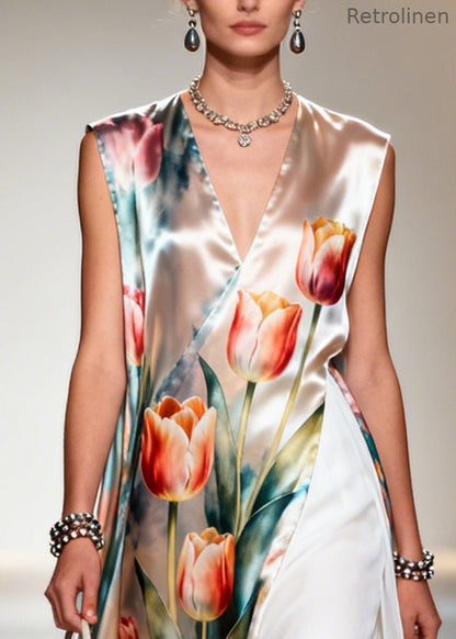 Flower Print Patchwork Chiffon Maxi Dresses Sleeveless