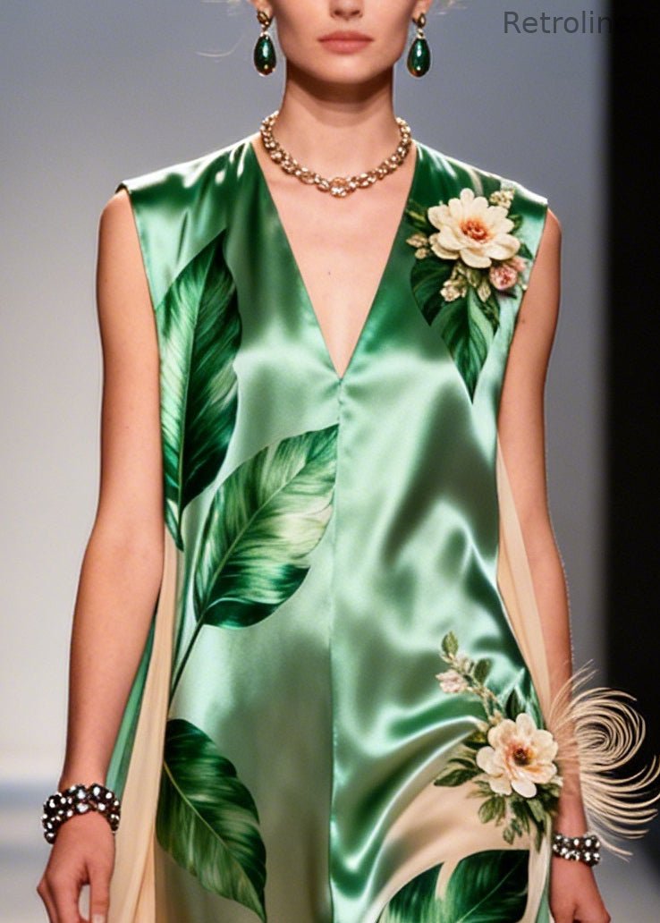 Green Leaf Print Handmade Flower Chiffon Dresses Sleeveless
