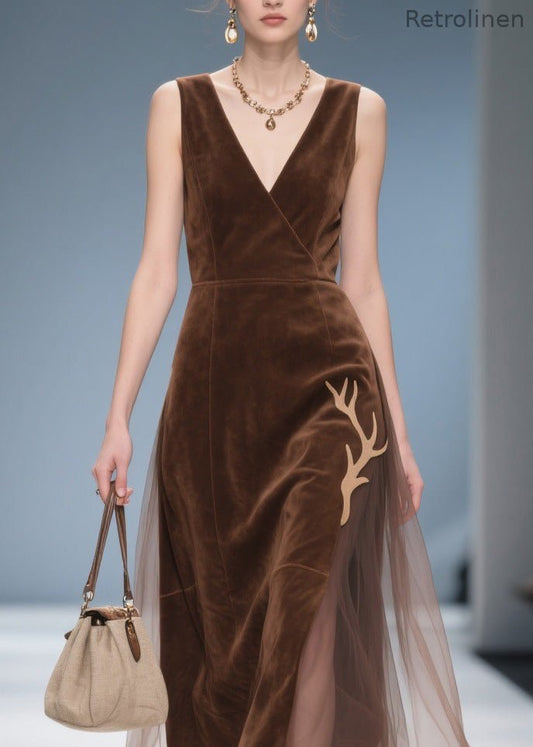 Classy V Neck Tulle Patchwork Velvet Dress Sleeveless