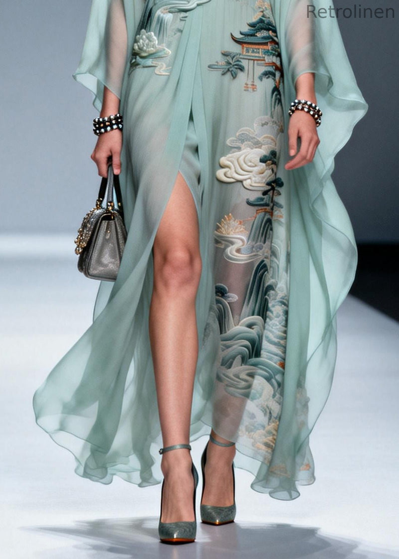 Sky Blue Print Side Open Chiffon Holiday Dress Summer