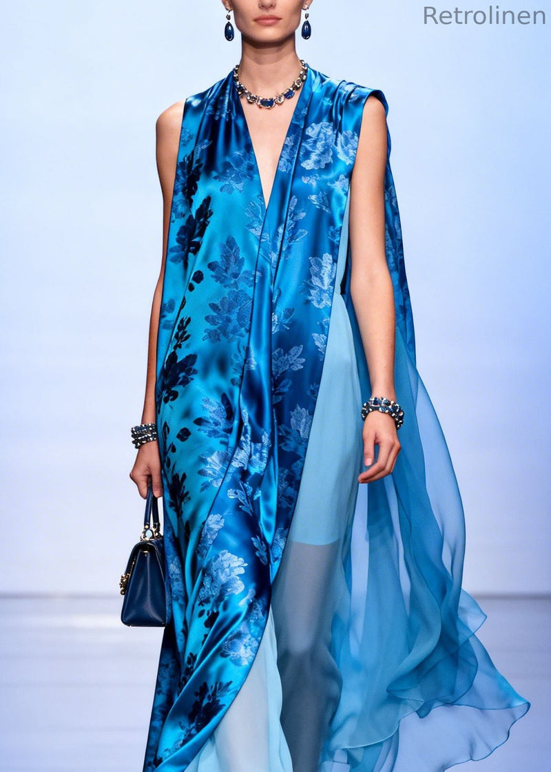 Blue V Neck Asymmetrical Design Print Silk Dresses Sleeveless