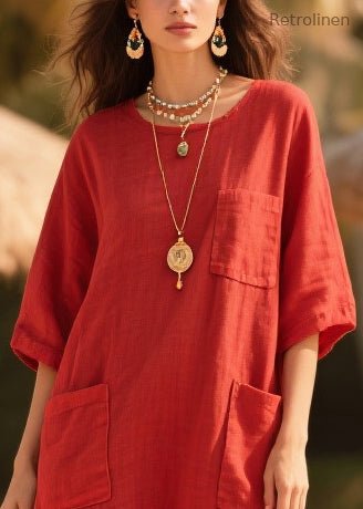 Red Oversized Tulle Patchwork Pockets Cotton Dress Summer