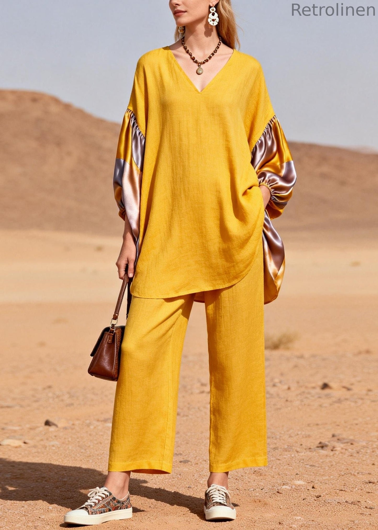 Yellow Oversized Patchwork Silk Cotton Two Pieces Set Spring