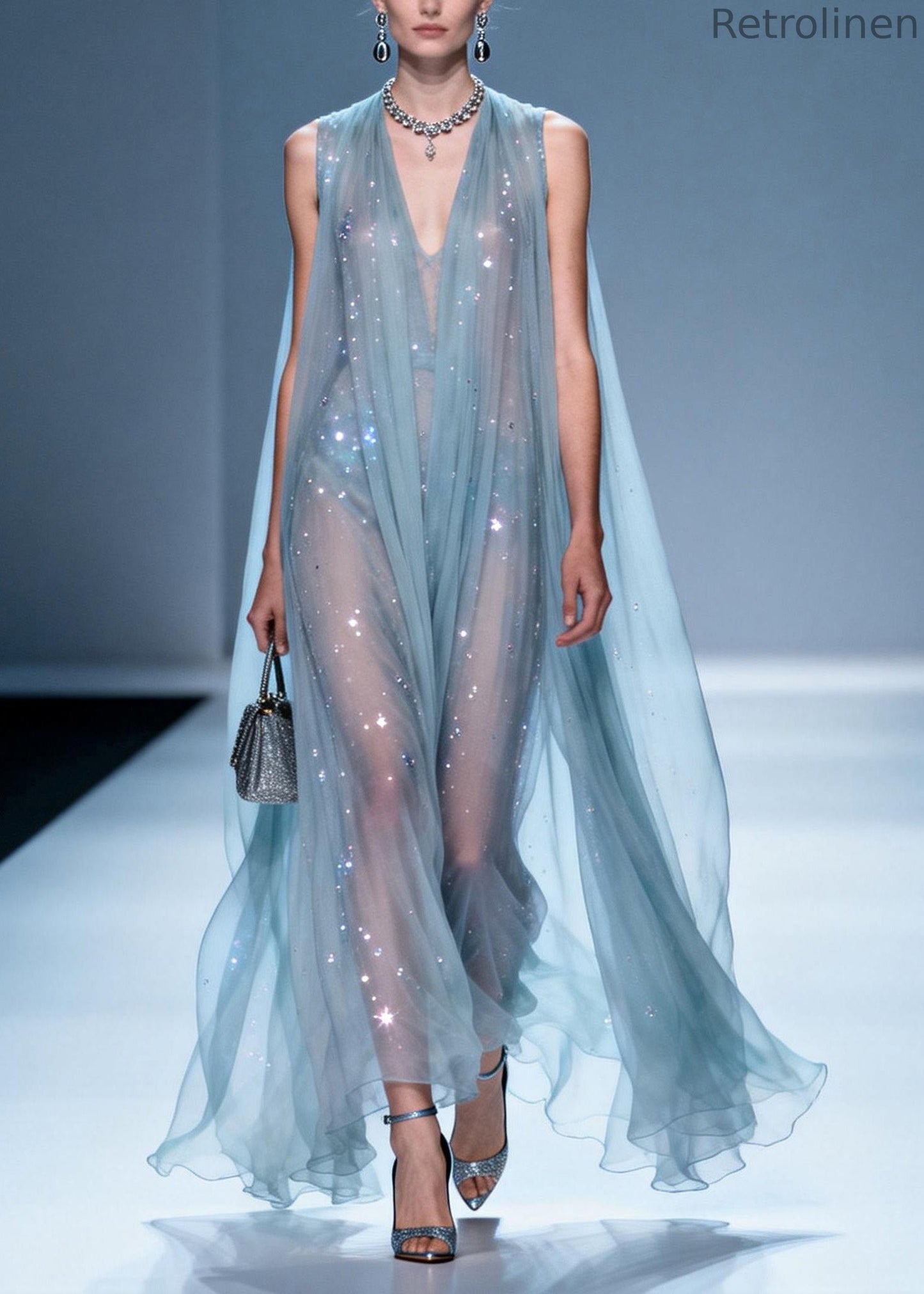 Italian V Neck Zircon Patchwork Chiffon Dress Sleeveless
