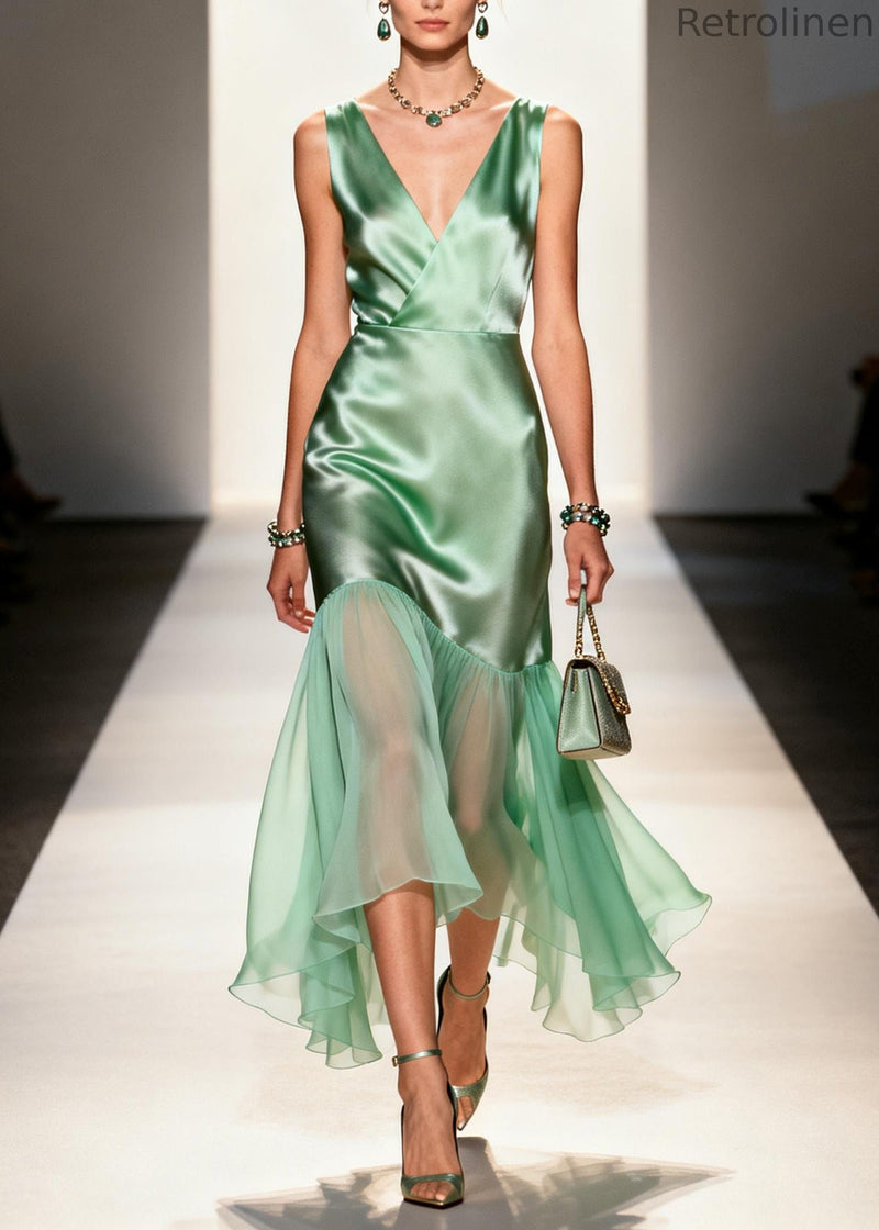 Boutique Light Green V Neck Patchwork Tulle Long Dresses Summer