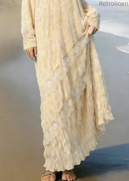 Apricot Wrinkled Lace Patchwork Knit Long Dress Spring