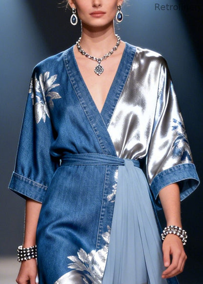 Diy Denim Blue Print Asymmetrical Patchwork Tulle Dress Summer