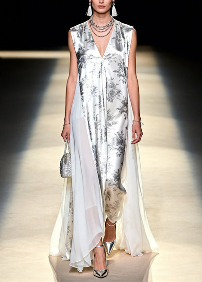 Modern White Print Patchwork Exra Large Hem Chiffon Holiday Dress Sleeveless