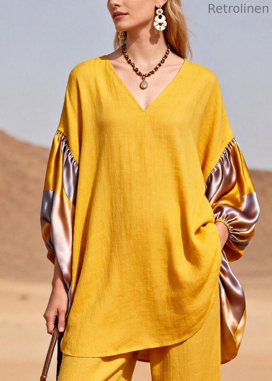 Yellow Oversized Patchwork Silk Cotton Two Pieces Set Spring