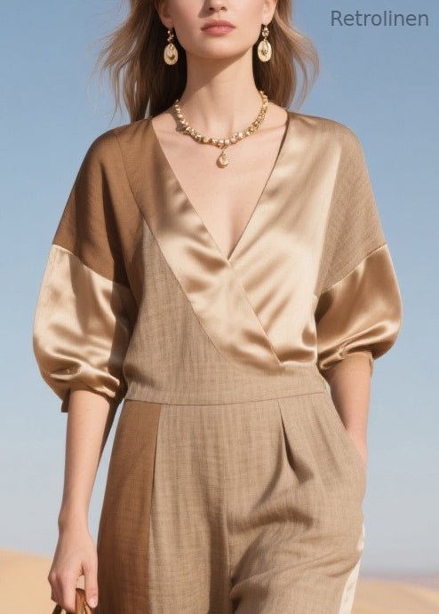 Simple Khaki Asymmetrical Patchwork Linen Silk Jumpsuit Summer