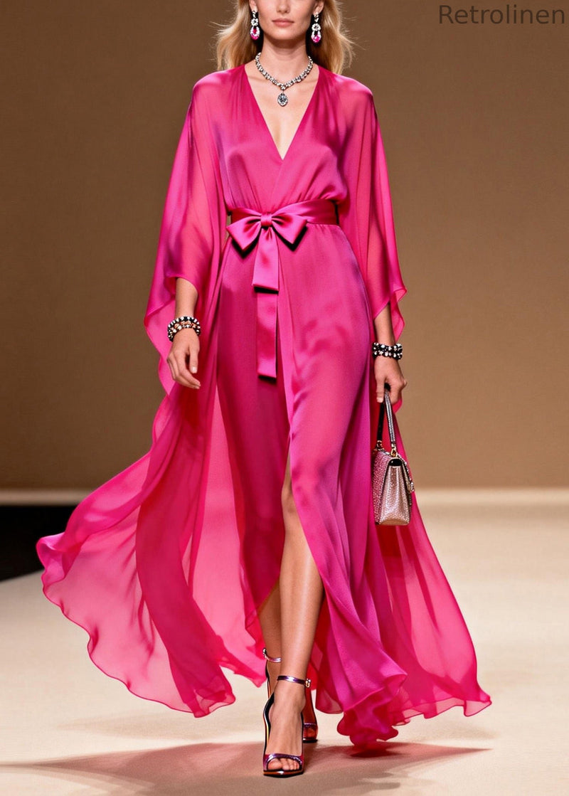 Rose V Neck Lace Up Chiffon Long Dress Summer