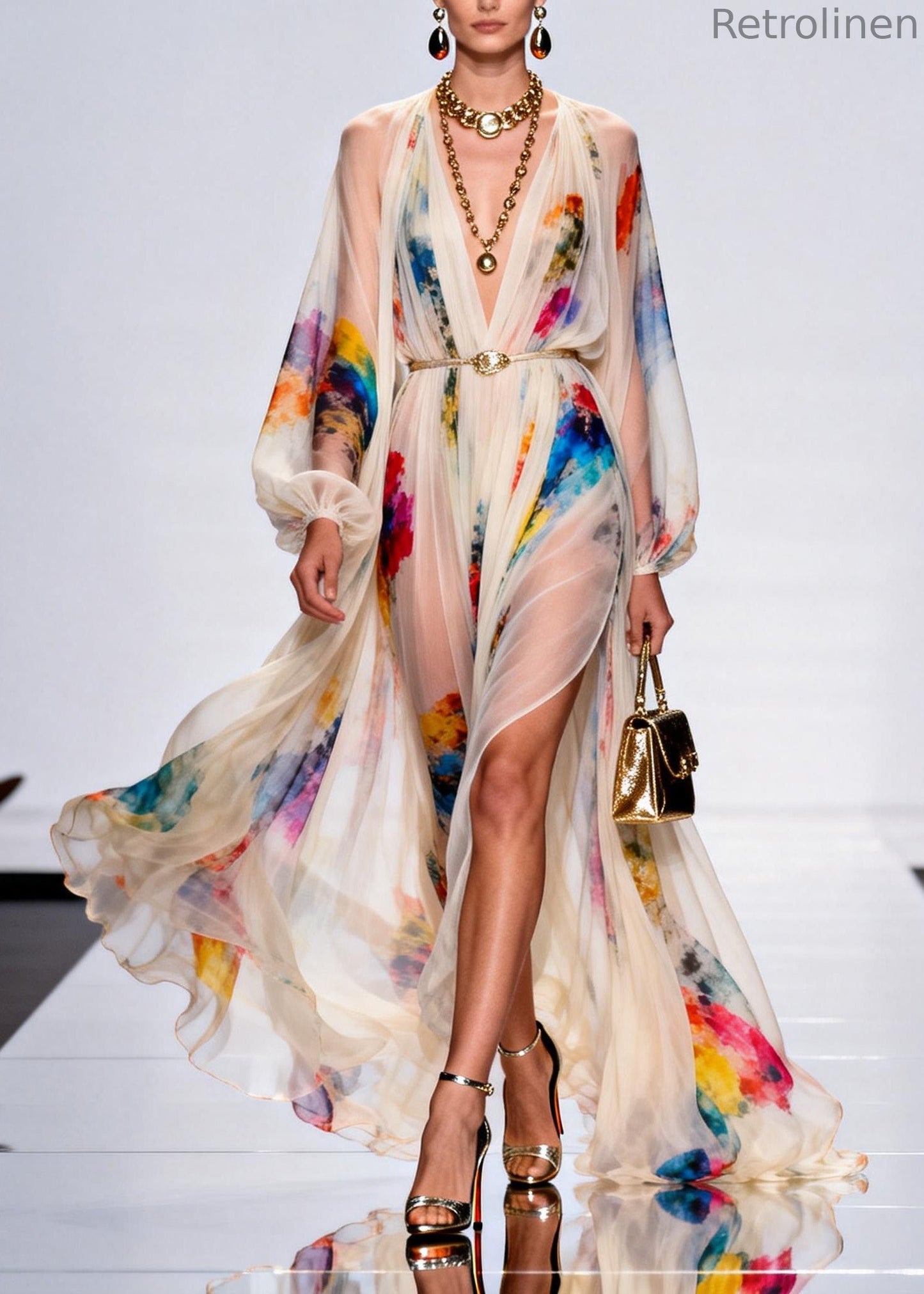 V Neck Side Open Print Cotton Robe Dresses Spring