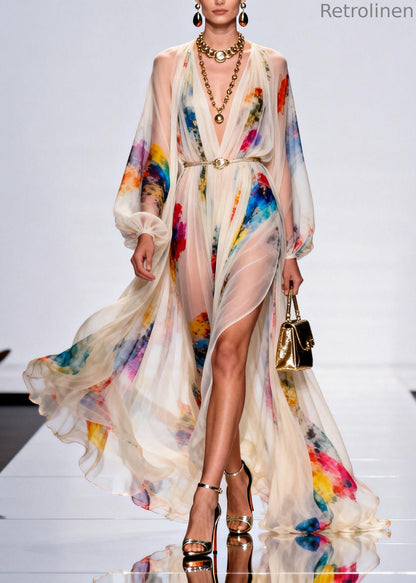 V Neck Side Open Print Cotton Robe Dresses Spring