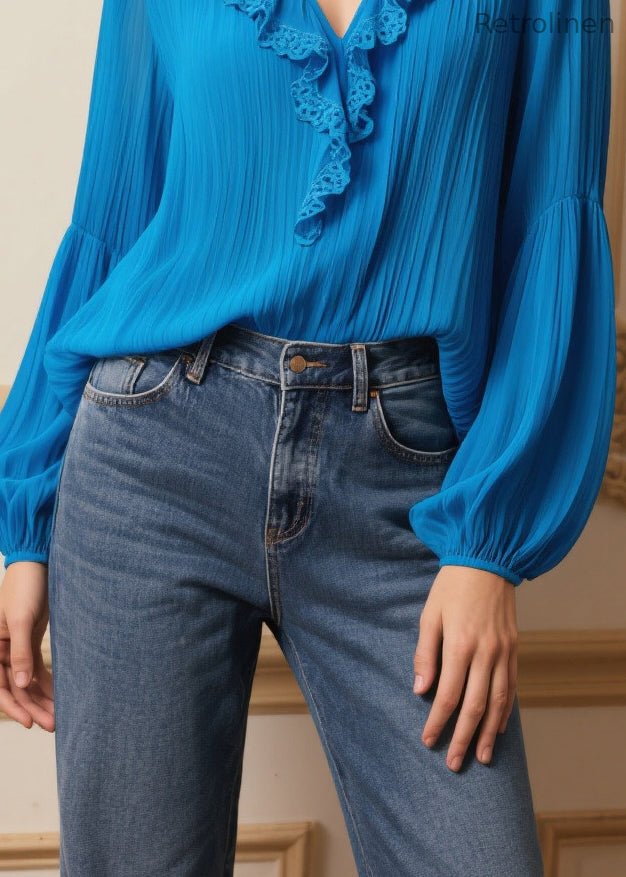 Blue Ruffled Wrinkled Chiffon Shirt Tops Spring