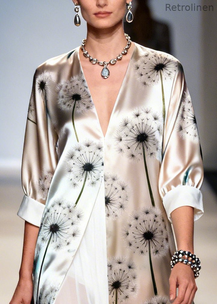 Unique Apricot Dandelion Print Chiffon Fake Two Piece Dress Summer